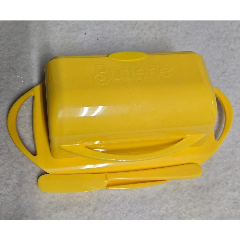 Butterie Yellow Flip Top Butter Dish w Spreader Knife 2 Stick Countertop Keeper